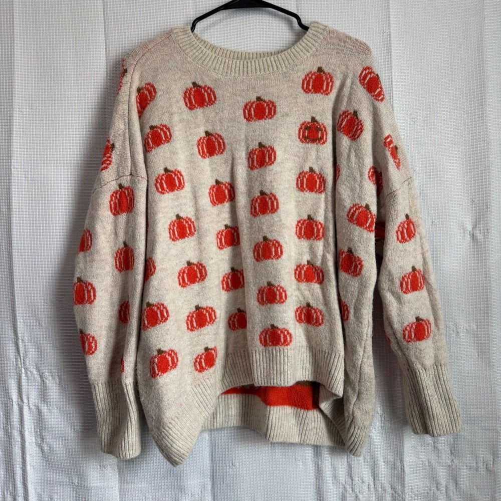 Vince Camuto Pumpkin Sweater Womens XL Orange Cream Fall Halloween Knit Pullover